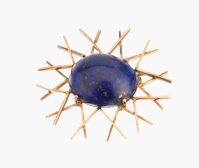 14 kt Gold Lapislazuli-Brosche, GG 585/000, Lapislazulicabochon, Golddrähte, total ca. 9.9 g, ca. 3.8 x 3.5 cm