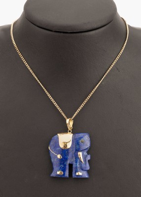 14 kt Gold Lapislazuli-Clipanhänger "Elefant", GG 585/000, aufgelegte GG Applikationen, 1 Bein geklebt, L. ca. 4.5 cm, an Kette 8 kt Gold, ...