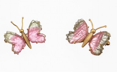 14 kt Gold 2 Broschen "Schmetterling", GG 585/000, fein sat., 4 Flügeln mit Wassermelonenturmalinscheiben, geschnitten, geschliffen und ...