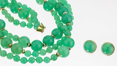 14 kt Gold Chrysopras-Schmuckset, GG 585/000, best. aus: 3-rhg. Collier, Chrysopraskugeln D. ca. 12-18 mm, Zwischenglieder GG, L. ca. 41 cm, ...