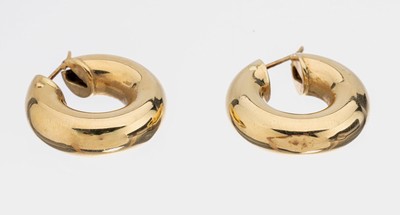 Paar 14 kt Gold Ohrcreolen, GG 585/000, halbmassive Verarbeitung, D. ca. 2.5 cm, ca. 6.9 g, Tragespuren