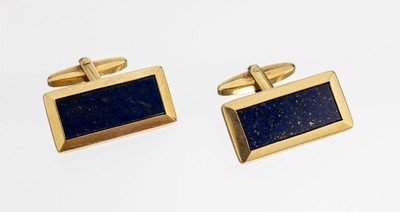 Paar 14 kt Gold Lapislazuli-Manschettenknöpfe, GG 585/000, Lapislazuliplatten, Kopf ca. 2.8 x 1.5 cm, ca. 13.1 g