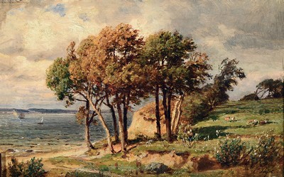 Eduard Friedrich Pape, 1817-1905 Berlin, Landschaft mit Baum bestandenem Seeufer und weidenden Kühen, Öl/Holz, rechts unten sign., ca. 20x30cm, R. ...