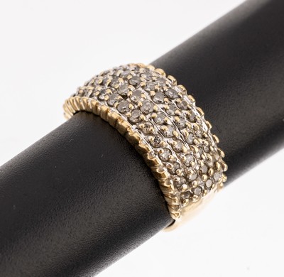 14 kt Gold Brillant Ring, GG 585/000, 60 Brillanten zus. ca. 1.20 ct get.-braun/p1, RW 56.5, ca. 4.4 g
