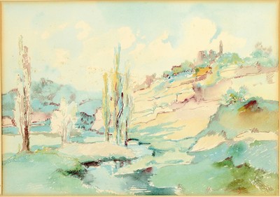 Hanns Fay, 1888 Frankenthal - 1957 Neustadt, Aquarell, pfälzer Landschaft, wohl Blick auf die Limburg, handsigniert, l. verschmutzt, unter Glas ...