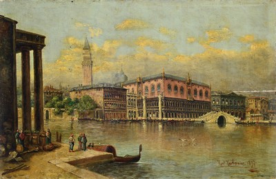 Karl Kaufmann, 1843 Neuplachowitz-1905 Wien, Ansicht aus Venedig, Blick auf den Markusplatz, rechts unten signiert und datiert 1897, Öl/Holz, Platte ...