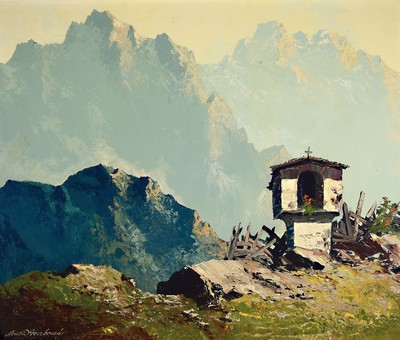 Prof. Arnold Graboné, 1896 München - 1982 Starnberg, Almkapelle in Landschaft wohl bei Going am Wilden Kaiser, links unten signiert, Öl/Lwd, 77x90 ...