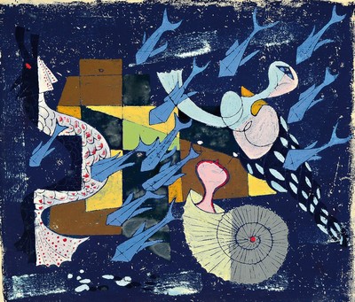 Rolf Müller-Landau, 1903-1956 Bad Bergzabern, Diagonaler Fischzug, Monotypie auf Japan- Papier, handsign. und betitelt, ca. 46x54cm, u.Gl., R. ca. ...