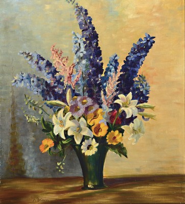 Arthur Grimm, 1883 Mudau-1948 Karlsruhe, Stillleben mit Rittersporn und Lilien, Öl/ Malkarton, links unten signiert, ca. 70x63cm, R. ca. 82x76cm