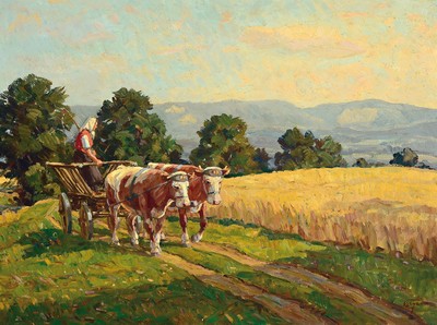 Erich Zeyer, 1903 Stuttgart-1960, Bäuerin mit Ochsenfuhrwerk am Feldrand, rückseitig betitelt: Abendstimmung, Blick von Harthausen a.F. gegen den ...