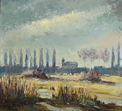 Karl Graf, 1902-1986 Speyer, Landschaft mit Kapelle und Pappeln, (wohl Oggersheim) Öl auf Hartfaser, links unten monogrammiert und datiert 77. ca. ...