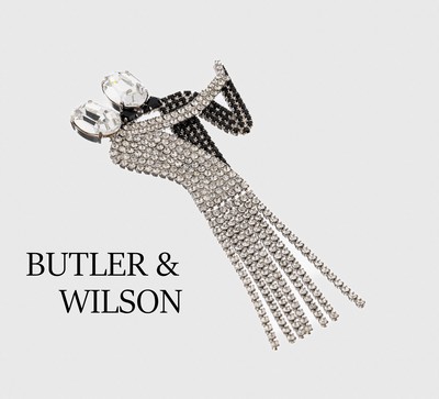 Außergewöhnliche Brosche "Tanzendes Paar", BUTLER & WILSON, USA 1980er Jahre, Metall rhod., abstrakte Darstellung, Dame mit farblosen ...