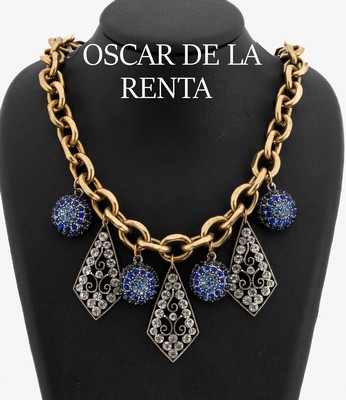 OSCAR DE LA RENTA Collier, USA um 1980, Metall verg. und vers., massive Ausführung, bewegl. Abhängungen mit blauen und farblosen Strasssteinen, L. ...