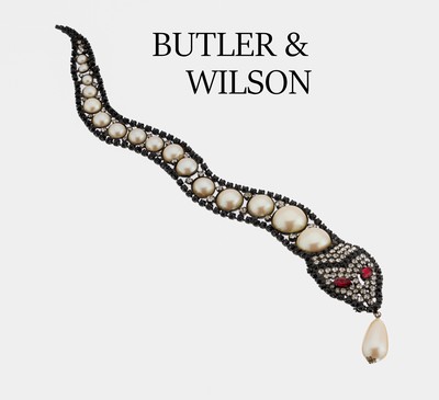 BUTLER & WILSON Schlangenbrosche, USA um 1980, Metall geschwärzt, außergewöhnliche Gestaltung, in sich bewegl., reicher Strassbesatz und ...