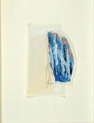 Eduard Micus, 1925 Höxter-2000 Ibiza, Collage, ohne Titel, signiert und datiert 1988, Öl und Bleistift auf zwei Lagen Stoff, Objekt 22x15 cm, ...