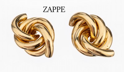 Paar 18 kt Gold Ohrclips, GG 750/000, Meistermarke AZ - ZAPPE, Knotenform, schwere, qualitätvolle Arbeit, ca. 39.7 g, L. ca. 4.5 cm