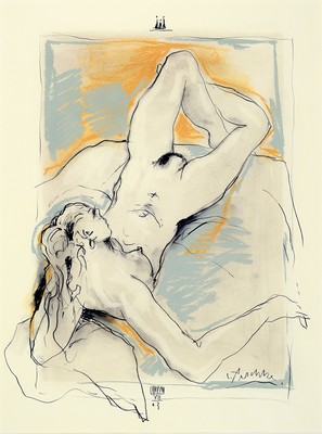 Christian Peschke, 1946-2017, liegender Akt, Aquarell und Tusche auf Papier, re. u. sign., ca. 58x44cm, pp, u.Gl., R. ca. 82x64cm