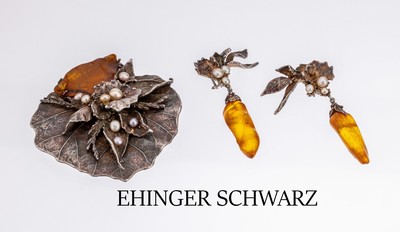 Schmuckset EHINGER & SCHWARZ, 925er Silber,Zuchtperlen und Bernstein, in typischer floraler Manier verarbeitet, architektonischerAufbau, best. aus: ...