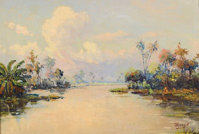 José Yépez-Arteaga, 1898 Quito/Ecuador-nach 1961 ebenda, Amazonas-Flusslandschaft mit Palmen, impressionistisches Werk des bekannten ...