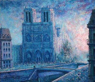 Luis Domingo Garcia, 1924-2001, Blick auf die Westfassade von Notre Dame, impressiver Duktus, links unten signiert, Öl/Lwd, Rahmen, 91x101 cm