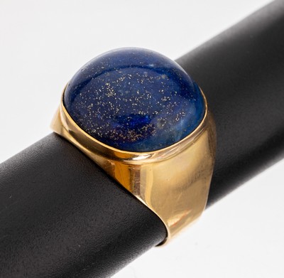 18 kt Gold Lapislazuli-Ring, GG 750/000, Lapislazuli-Cabochon mit feiner Pyritäderung, RW 65.5, ca. 8.9 g