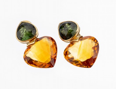 Paar 18 kt Gold Farbstein-Ohrstecker, GG 750/000 gepr., 2 facett. Citrin-Herzen zus. ca. 24.00 ct, 2 facett. Turmalin-Tropfen zus. ca. 12.00 ct, ...