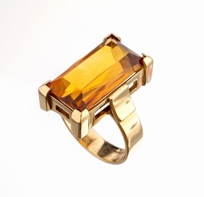 14 kt Gold Citrin-Ring, GG 585/000, facett.Citrin-Rechteck ca. 6.00 ct, ca. 8.4 g, RW 55