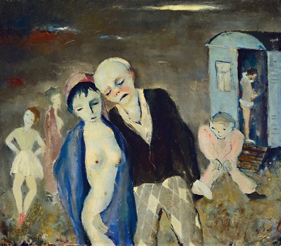 Franz Juncker, 1899 Speyer-1980 Homburg, Figurengruppe Schausteller vor blauem Wagen, rechts unten monogrammiert und datiert 1952, Öl/Masonit, ...