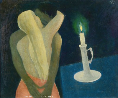 Franz Juncker, 1899 Speyer-1980 Homburg, Interieur mit Liebenden im Kerzenschein, 1960er-Jahre, rechts oben monogrammiert, Öl/Lwd, Rahmen 56x66 cm, ...