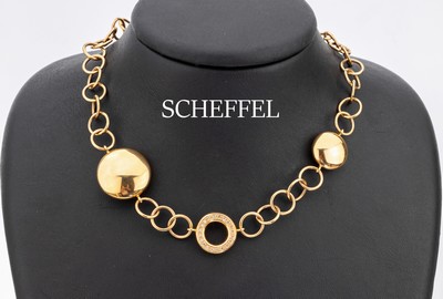 18 kt Gold SCHEFFEL Brillant-Collier, GG 750/000, aus ineinander verschlungenen Kreisen, Mittelteil mit 20 Brillanten zus. ca.0.15 ct nat. brown/si, ...