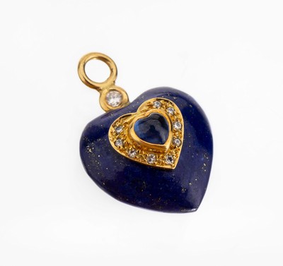 14 kt Gold Lapislazuli-Saphir-Brillant- Anhänger, GG 585/000 gepr., aufgelegtes Herz aus GG, mittig herzf. Saphir-Cabochon ca.0.40 ct, umgeben von ...