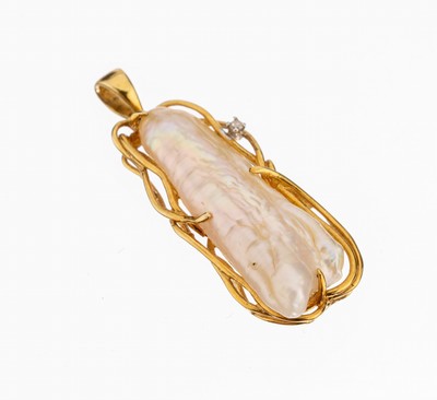 14 kt Gold Perlanhänger, GG 585/000, Süßwasserzuchtperle "Drachenzahn",L ca. 3 cm