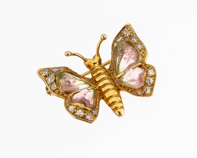 14 kt Gold Turmalin-Diamant-Brosche "Schmetterling", GG 585/000, Flügel mit facett. Wassermelonenturmaline, 20 8/8 -Diamanten zus. ca. ...