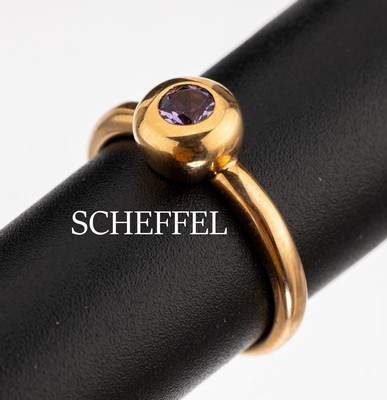 18 kt Gold SCHEFFEL Amethyst-Ring, GG 750/000, rundfacett. Amethyst ca. 0.21 ct, sehr schöne intensive Farbe, RW 55, ca. 4.0 g