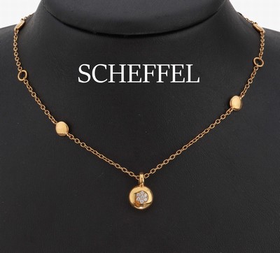 18 kt Gold SCHEFFEL Brillant-Collier, GG 750/000, Anhänger mit 7 Brillanten zus. ca. 0.04 ct feines Weiss/vs, L. ca. 46 cm, Karabinerschliesse, ca. ...