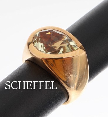 18 kt Gold SCHEFFEL Lemonquarz-Ring, GG 750/000, qualitätvolle Verarbeitung, facett. Lemonquarz-Tropfen ca. 4.65 ct, RW 55, ca. 14.5 g