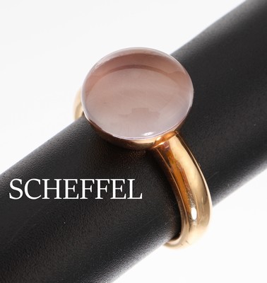 18 kt Gold SCHEFFEL Rosenquarz-Ring, GG 750/000, runder Rosenquarz-Cabochon ca. 6.12 ct, RW 55, ca. 9.2 g
