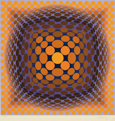 Victor Vasarely, 1908-1997, Farbserigraphie,Ed. 57/250, handsigniert, Wasserschaden (rechte und linke untere Ecke), unter Glas gerahmt, 61x58 cm