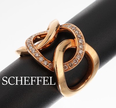 18 kt Gold SCHEFFEL Brillant-Ring, GG 750/000, ineinander verschlungene Kreise, 27 Brillanten zus. ca. 0.30 ct nat. brown/vs-si, RW 54, ca. 11.5 g