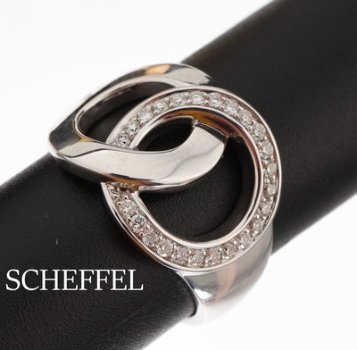 18 kt Gold SCHEFFEL Brillant-Ring, WG 750/000, 24 Brillanten zus. ca. 0.26 ct feinesWeiß/vs, RW 57, ca. 9.3 g