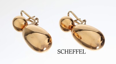 Paar 18 kt Gold SCHEFFEL Ohrstecker, GG 750/000, L. ca. 3.2 cm, ca. 16.3 g, Clipbrisuren
