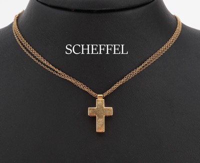 18 kt Gold SCHEFFEL Kreuzanhänger an Kette, GG 750/000, schlicht, ca. 2 x 1.4 cm, an 2-rhgKette, L. ca. 42 cm, ca. 9.5 g