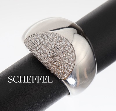 18 kt Gold SCHEFFEL Brillant-Ring, WG 750/000, Brillanten zus. ca. 0.67 ct feines Weiß/vs, RW 55, ca. 20.4 g