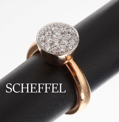 18 kt Gold SCHEFFEL Brillant-Ring, GG 750/000, runder Ringkopf mit 22 Brillanten zus. ca. 0.58 ct (grav.) feines Weiß/vs, RW 55, ca. 10.4 g
