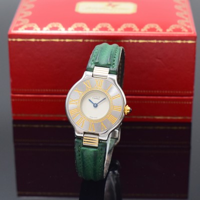 CARTIER 21 Damenarmbanduhr in Stahl/Gold Referenz 125000P, Schweiz um 1995, quartz, 6-fach verschr. Geh., breite Lünette m. gold. röm. Zahlen, ...