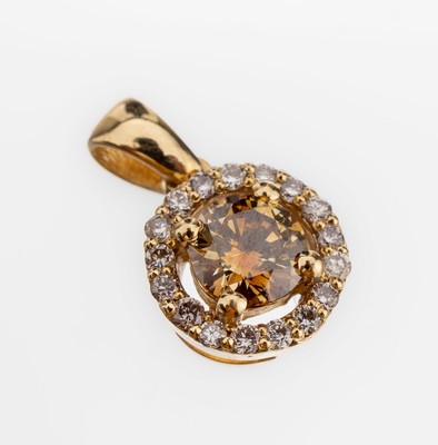 14 kt Gold Brillant-Anhänger, GG 585/000, mittig ein Brillant ca. 0.40 ct natural fancy yellowish Brown/si1, umgeben von 17 Brillantenzus. ca. 0.11 ...
