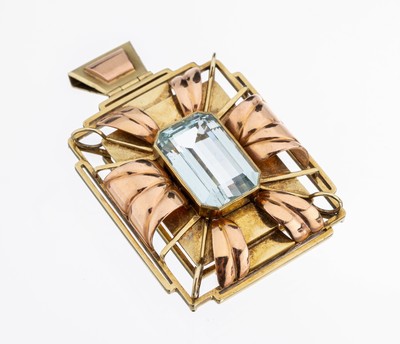 14 kt Gold Aquamarin-Anhänger, deutsch 1940er Jahre, GG/RG 585/000, mittig mit einem facett. Aquamarin ca. 20.0 ct von feinerFarbe, ...
