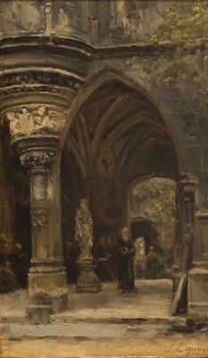 Stanislas Lepine, 1835 Caen-1892 Paris, "Cloitre dome fra luzanne" so verso auf altem Etikett bezeichnet, Architekturstudie des Kreuzganges ...