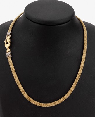 14 kt Gold Collier, GG 585/000, Klappverschluss mit 2 kreuzf. WG-Zierelementen mit Diamantimitationen, L. ca. 44 cm, ca. 19.2 g