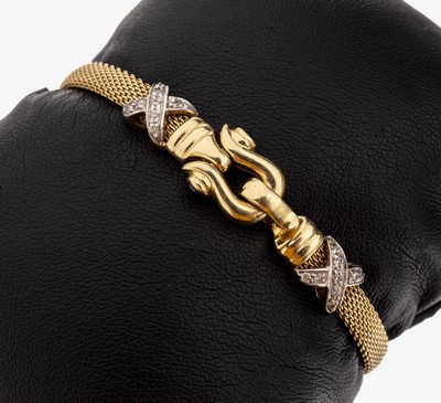 14 kt Gold Armband, GG 585/000, Klappverschluss mit 2 kreuzf. WG-Elementen mitDiamantimitationen, L. ca. 18.5 cm, ca. 11.9 g